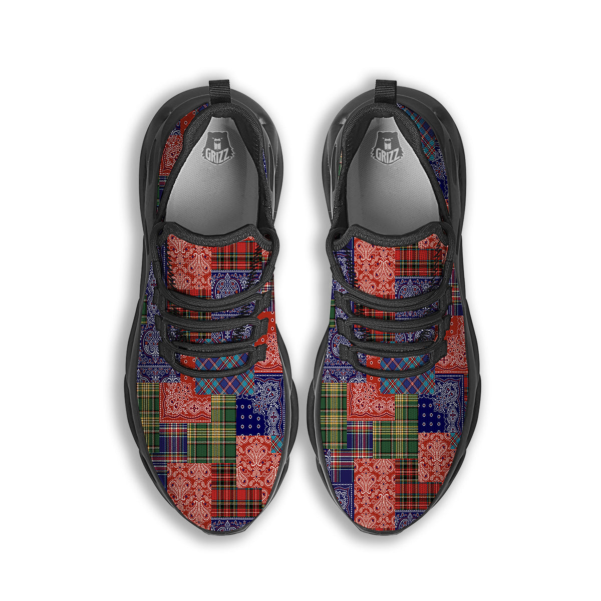 Patchwork Tartan And Bandana Print Pattern Black Running Shoes-grizzshop