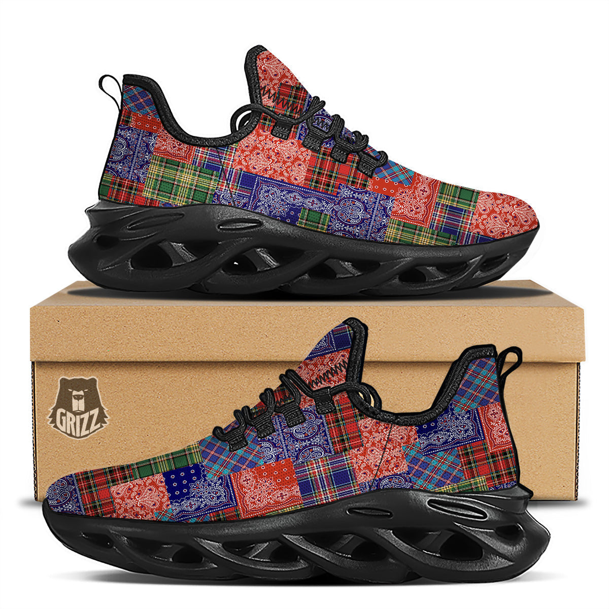 Patchwork Tartan And Bandana Print Pattern Black Running Shoes-grizzshop