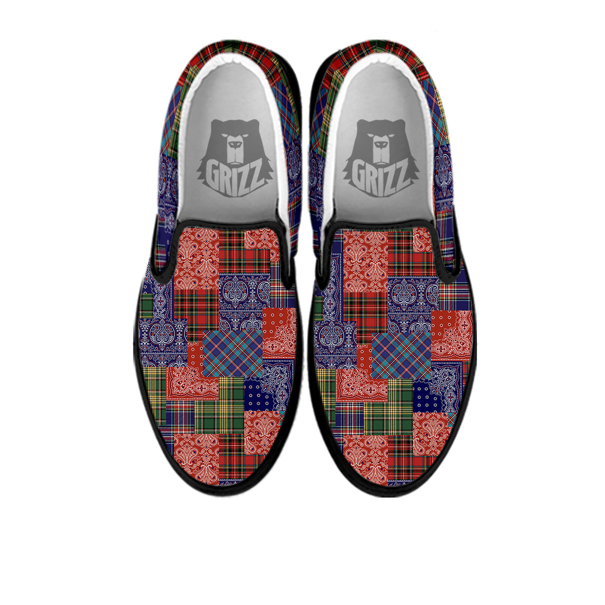 Patchwork Tartan And Bandana Print Pattern Black Slip On Shoes-grizzshop