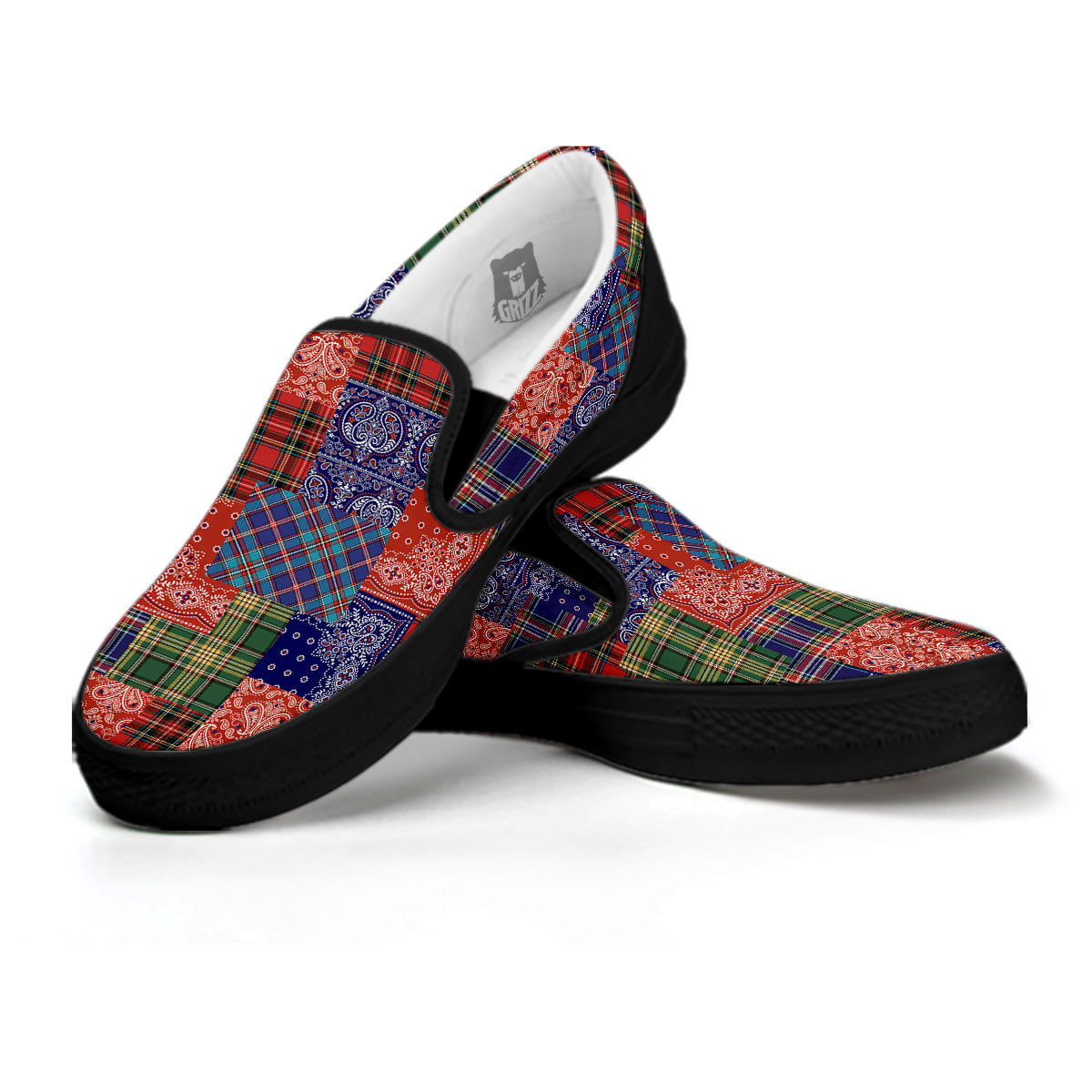 Patchwork Tartan And Bandana Print Pattern Black Slip On Shoes-grizzshop