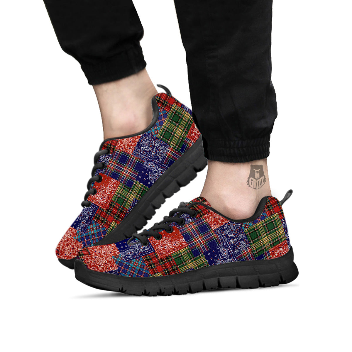 Patchwork Tartan And Bandana Print Pattern Black Sneaker-grizzshop