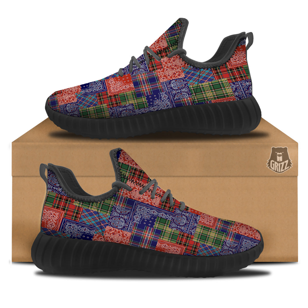 Patchwork Tartan And Bandana Print Pattern Black Walking Shoes-grizzshop