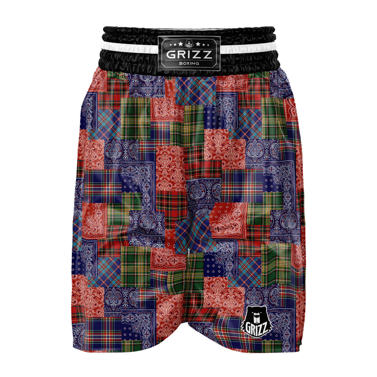 Patchwork Tartan And Bandana Print Pattern Boxing Shorts-grizzshop