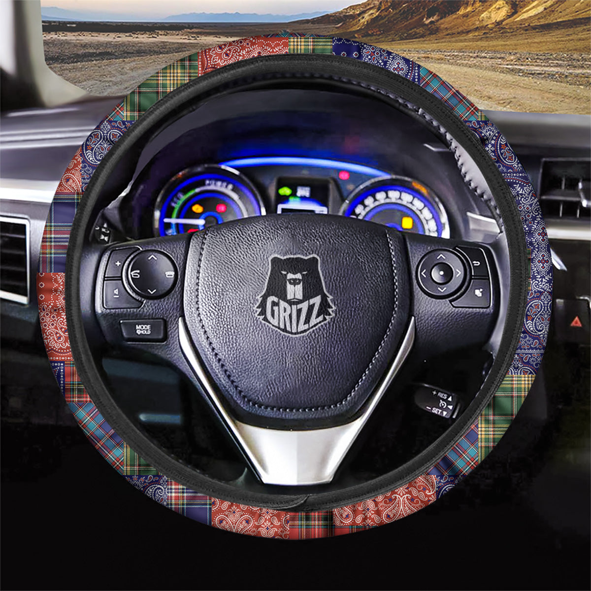 Patchwork Tartan And Bandana Print Pattern Car Steering Wheel Cover-grizzshop