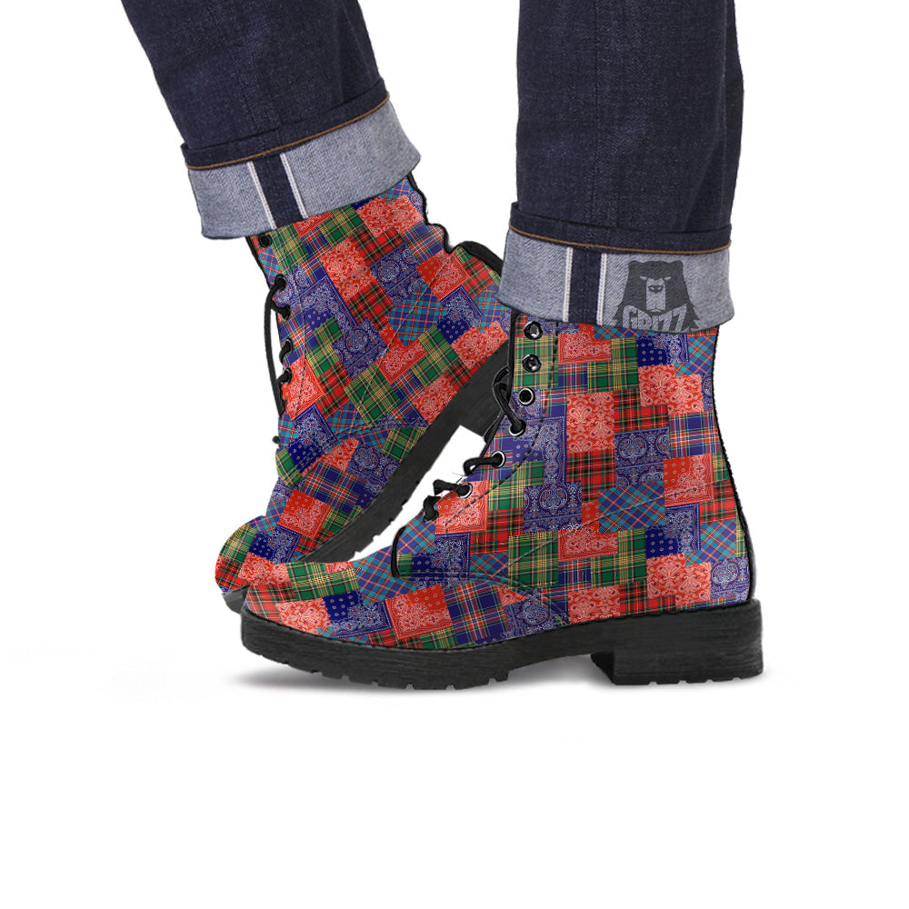 Patchwork Tartan And Bandana Print Pattern Leather Boots-grizzshop