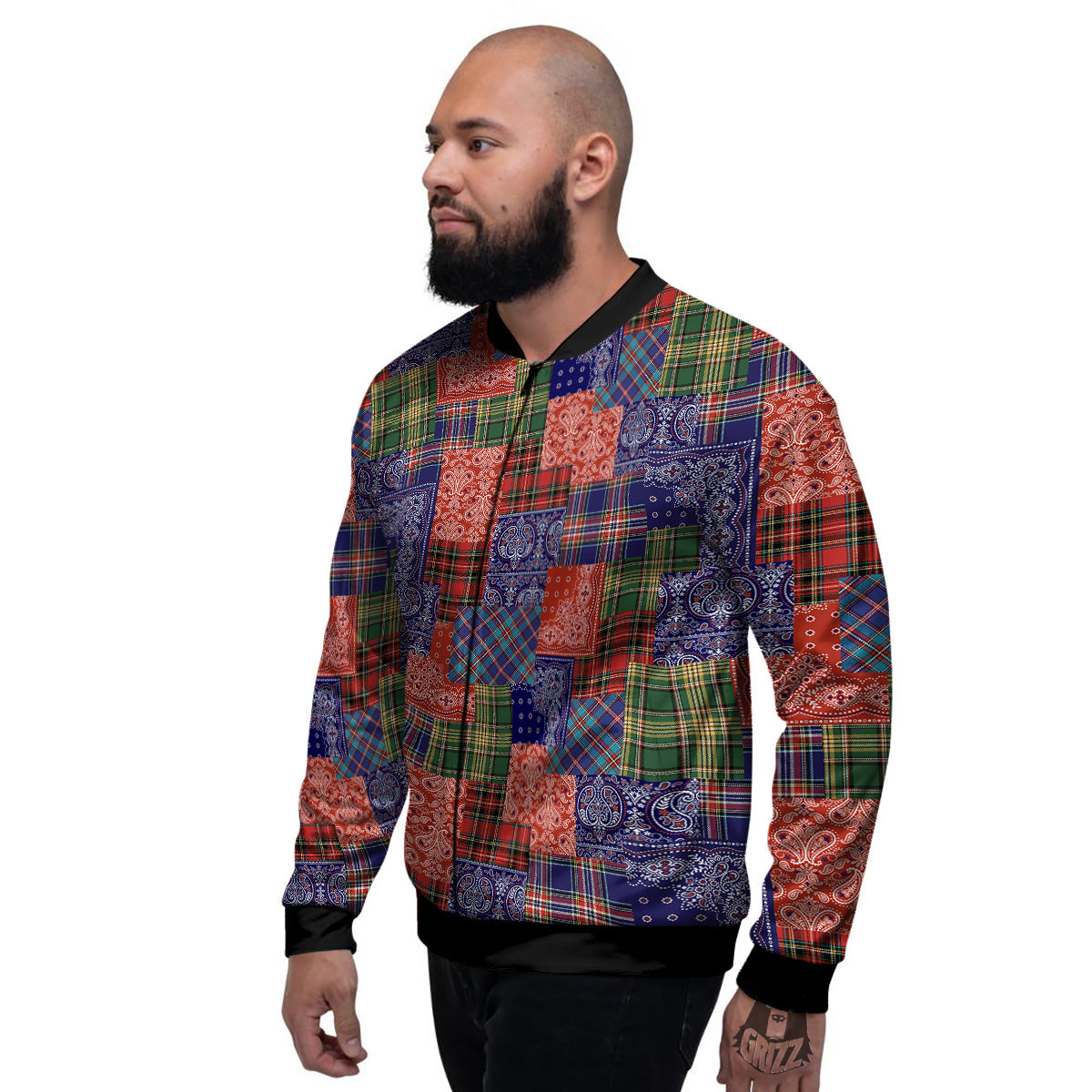 Patchwork Tartan And Bandana Print Pattern Men's Bomber Jacket-grizzshop