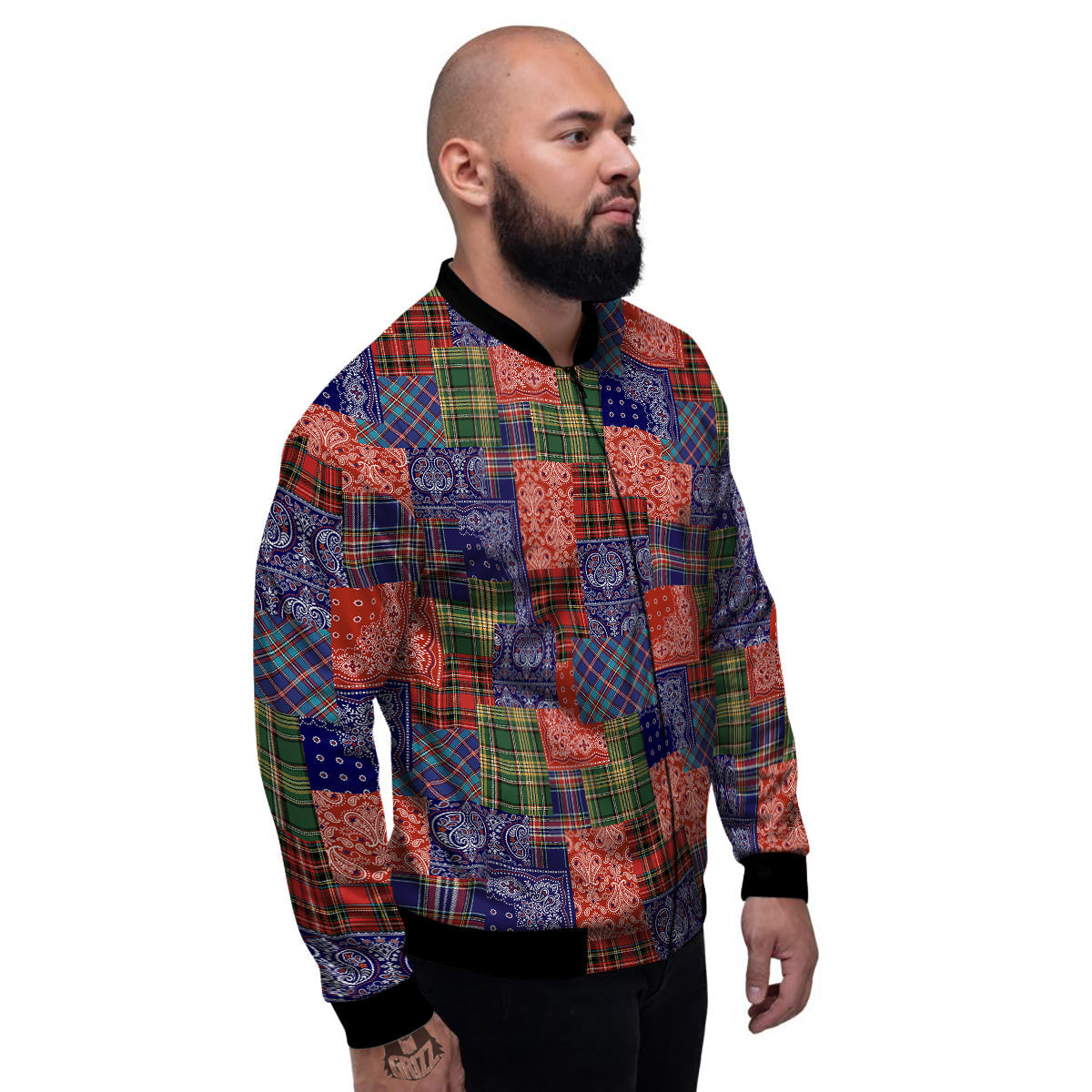 Patchwork Tartan And Bandana Print Pattern Men's Bomber Jacket-grizzshop