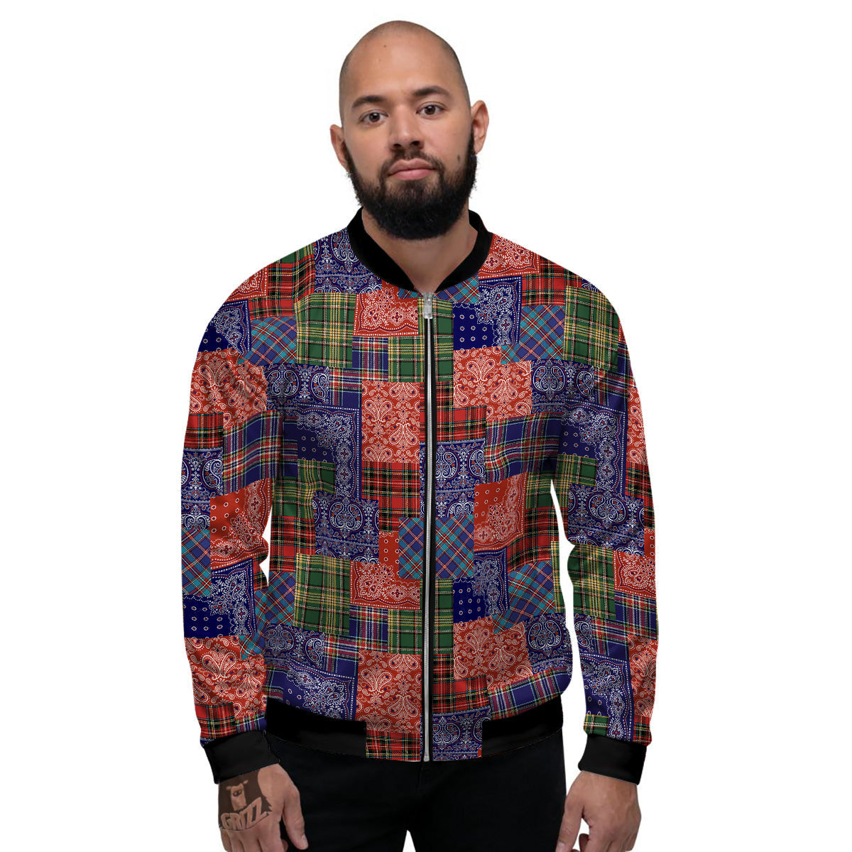 Patchwork Tartan And Bandana Print Pattern Men's Bomber Jacket-grizzshop