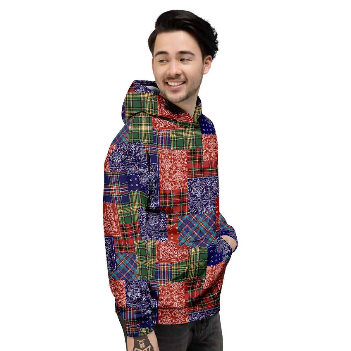 Patchwork Tartan And Bandana Print Pattern Men's Hoodie-grizzshop