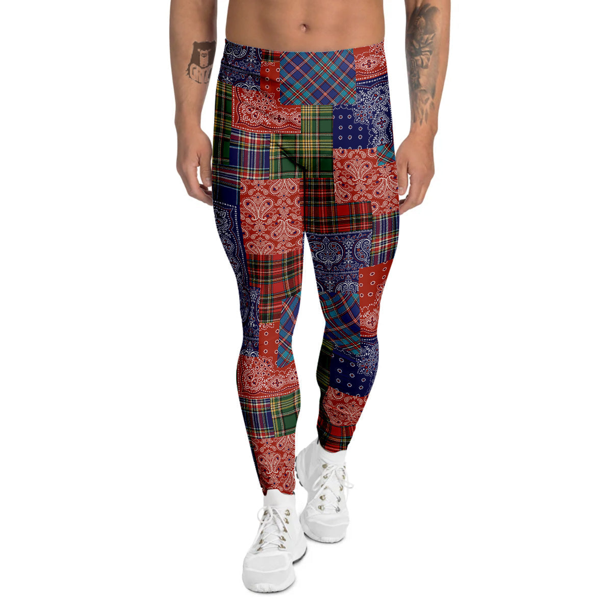 Patchwork Tartan And Bandana Print Pattern Men's Leggings-grizzshop