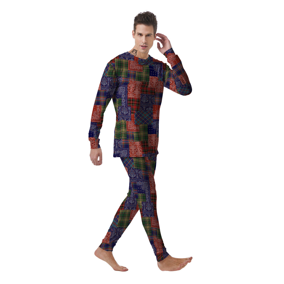 Patchwork Tartan And Bandana Print Pattern Men's Pajamas-grizzshop