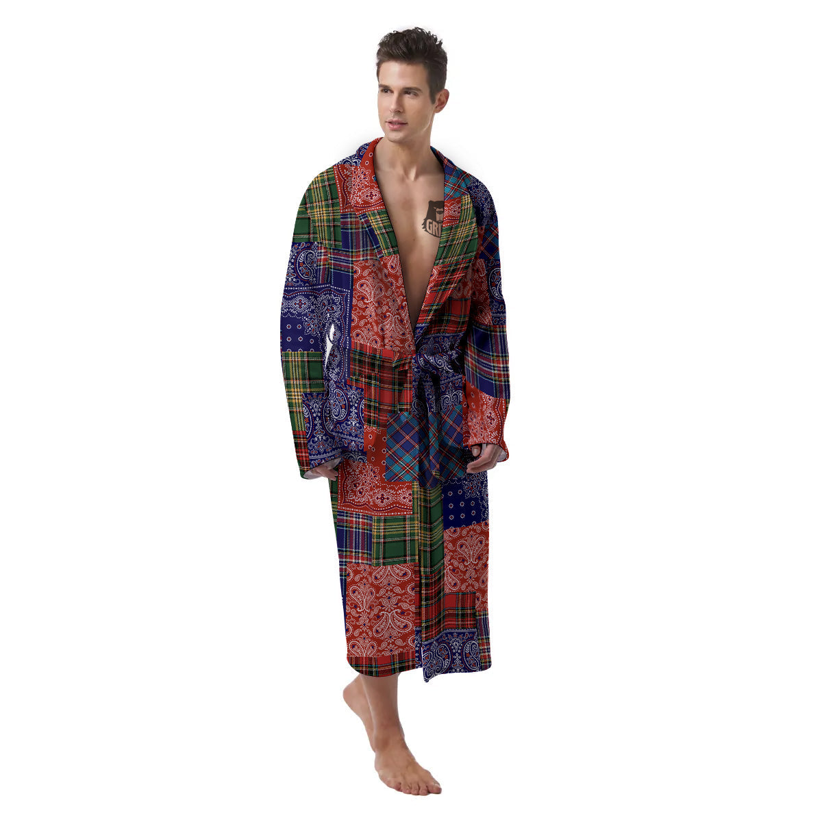 Patchwork Tartan And Bandana Print Pattern Men's Robe-grizzshop