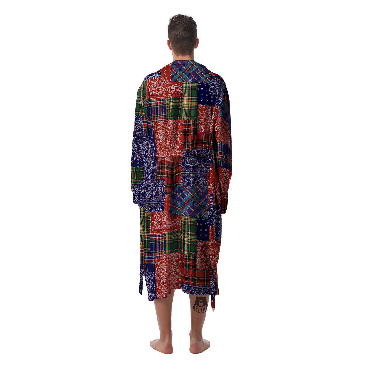 Patchwork Tartan And Bandana Print Pattern Men's Robe-grizzshop