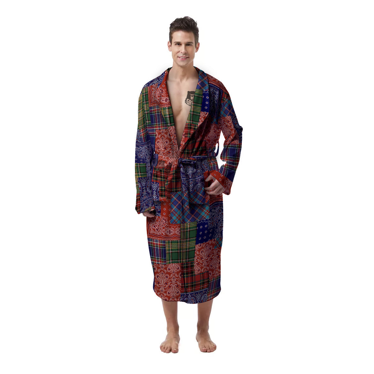 Patchwork Tartan And Bandana Print Pattern Men's Robe-grizzshop