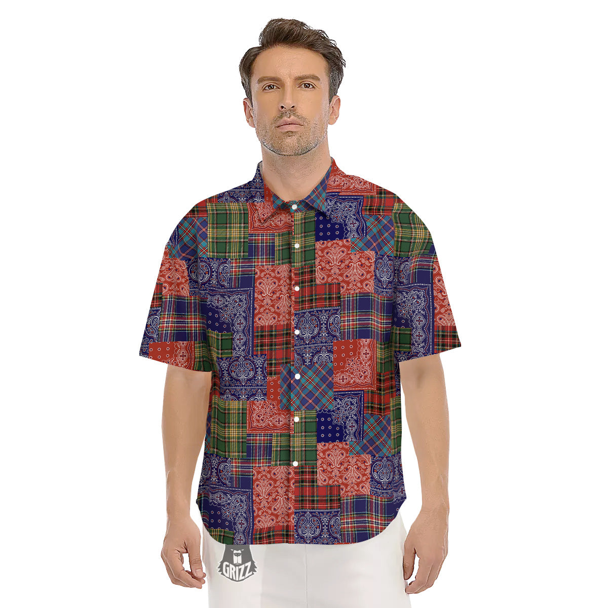 Patchwork Tartan And Bandana Print Pattern Men's Short Sleeve Shirts-grizzshop