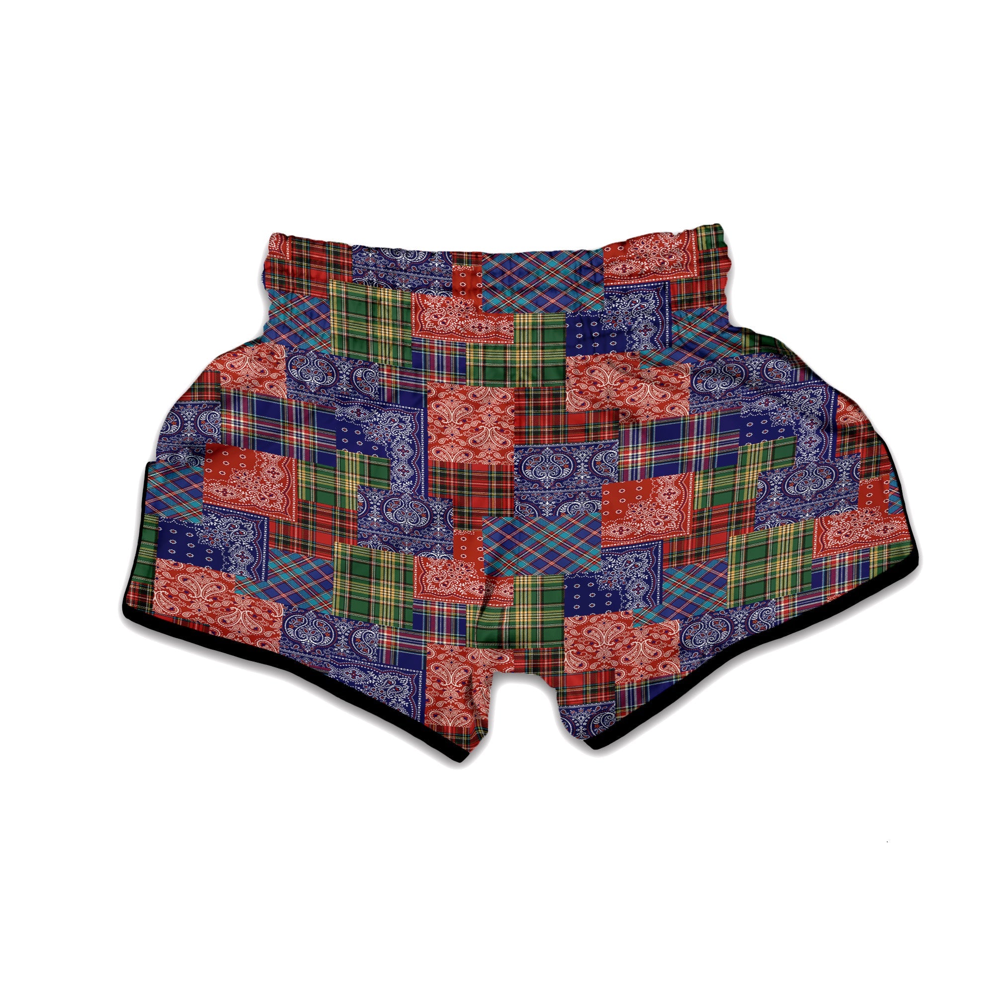 Patchwork Tartan And Bandana Print Pattern Muay Thai Boxing Shorts-grizzshop