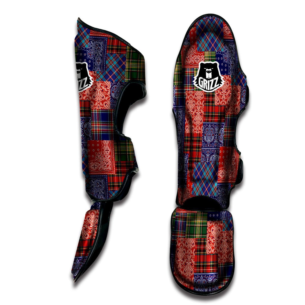 Patchwork Tartan And Bandana Print Pattern Muay Thai Shin Guards-grizzshop