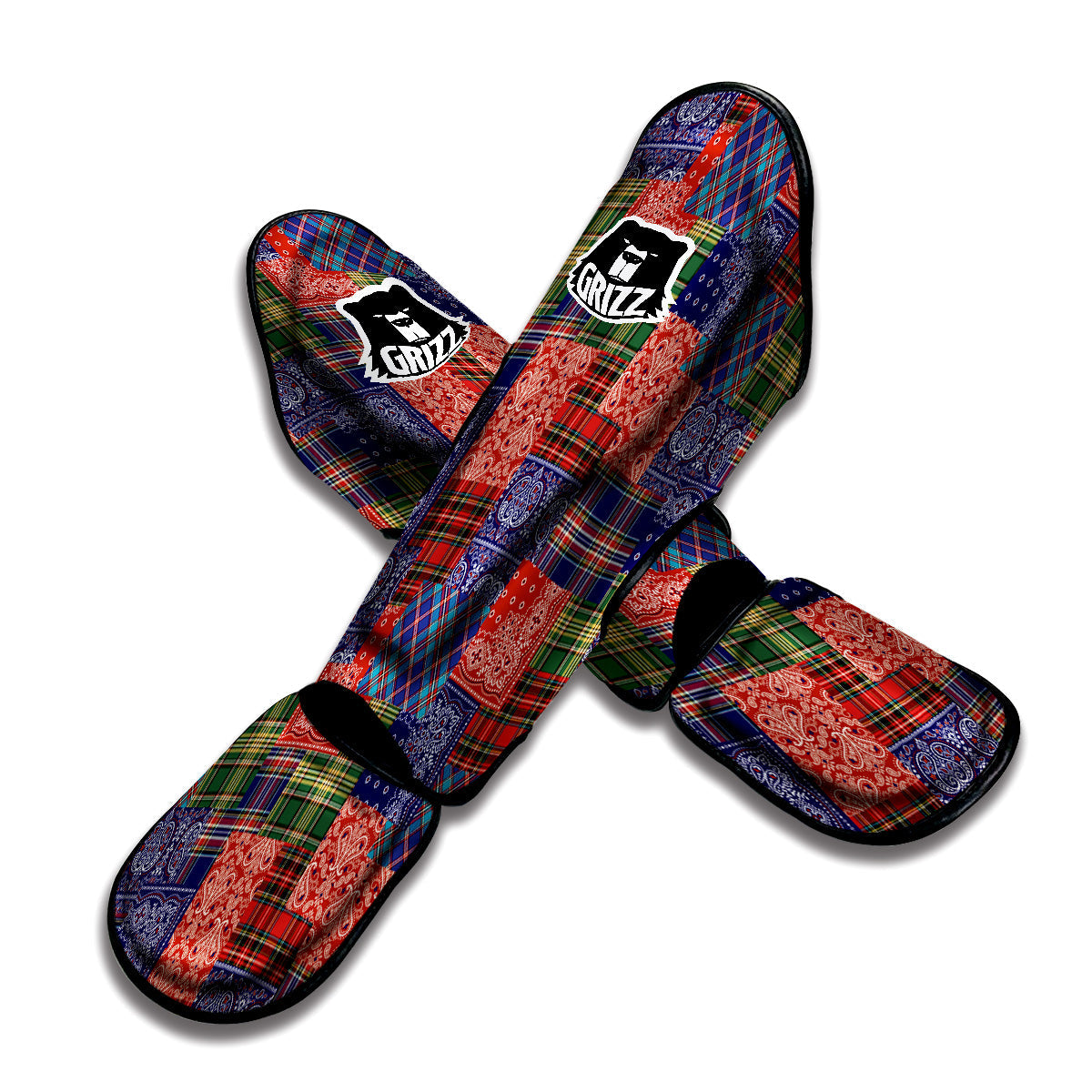 Patchwork Tartan And Bandana Print Pattern Muay Thai Shin Guards-grizzshop