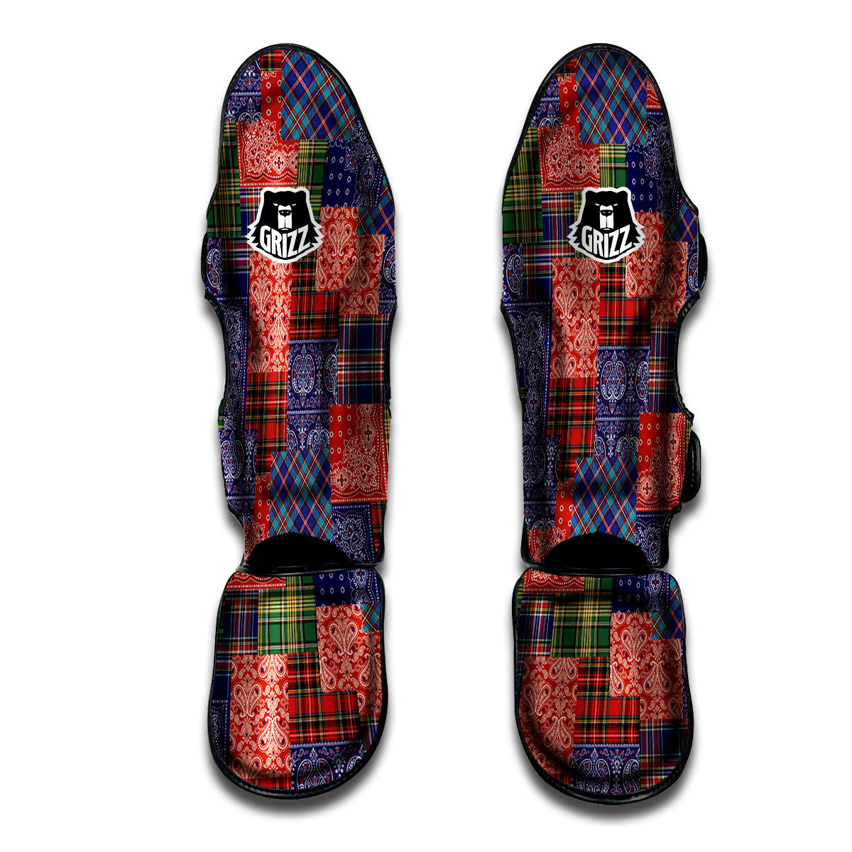 Patchwork Tartan And Bandana Print Pattern Muay Thai Shin Guards-grizzshop