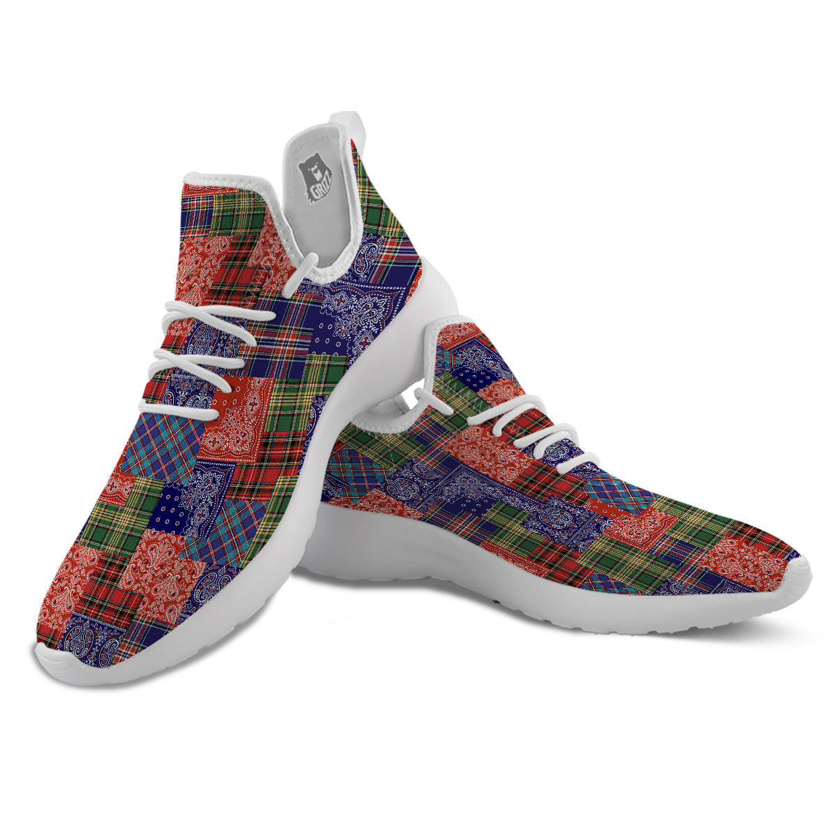 Patchwork Tartan And Bandana Print Pattern White Athletic Shoes-grizzshop