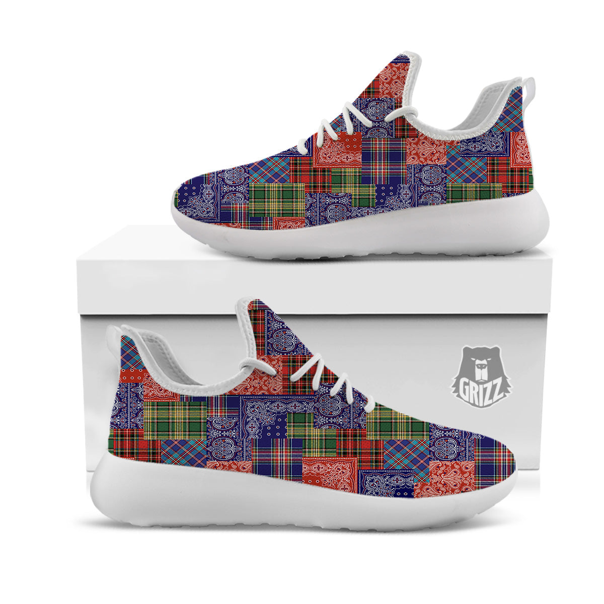 Patchwork Tartan And Bandana Print Pattern White Athletic Shoes-grizzshop