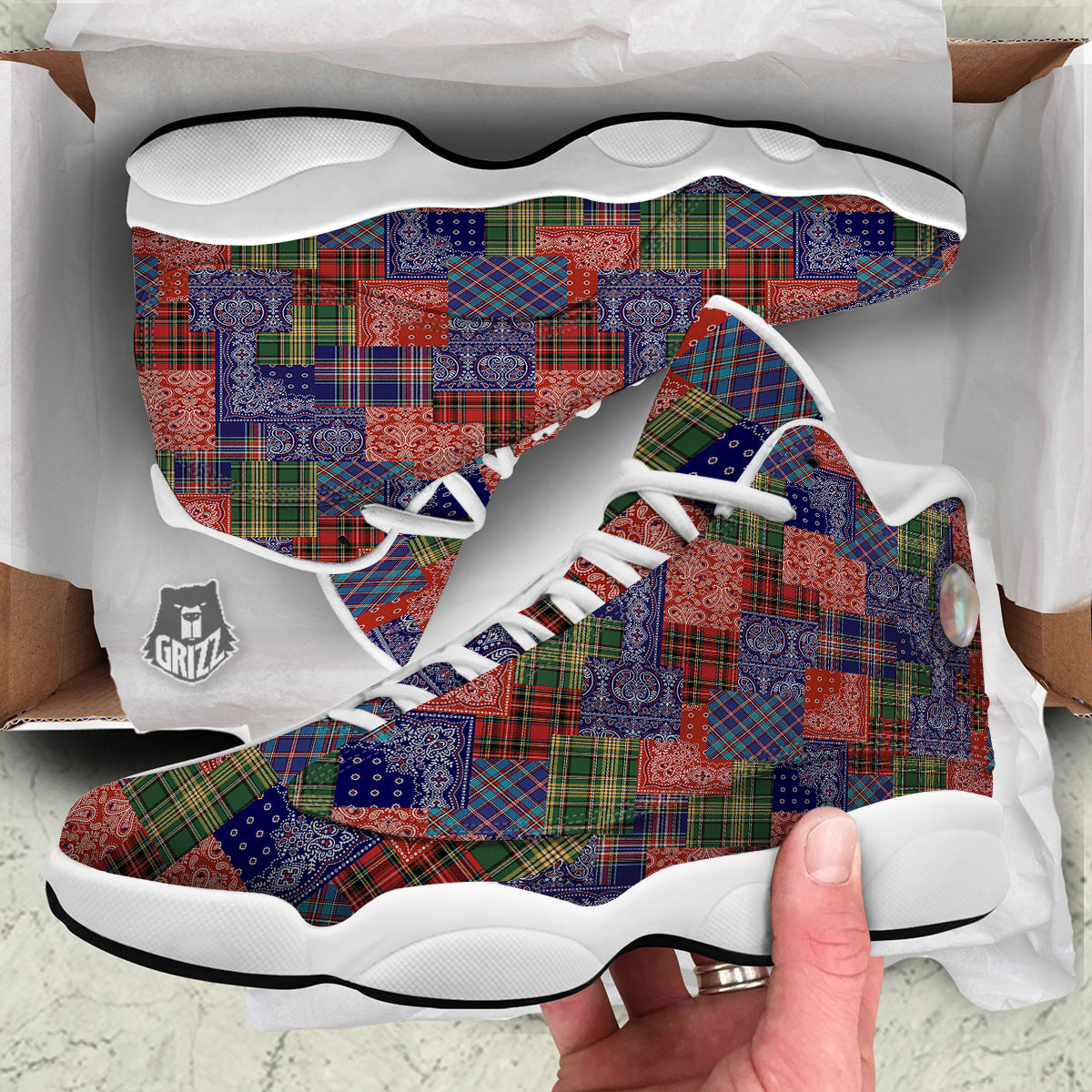 Patchwork Tartan And Bandana Print Pattern White Basketball Shoes-grizzshop