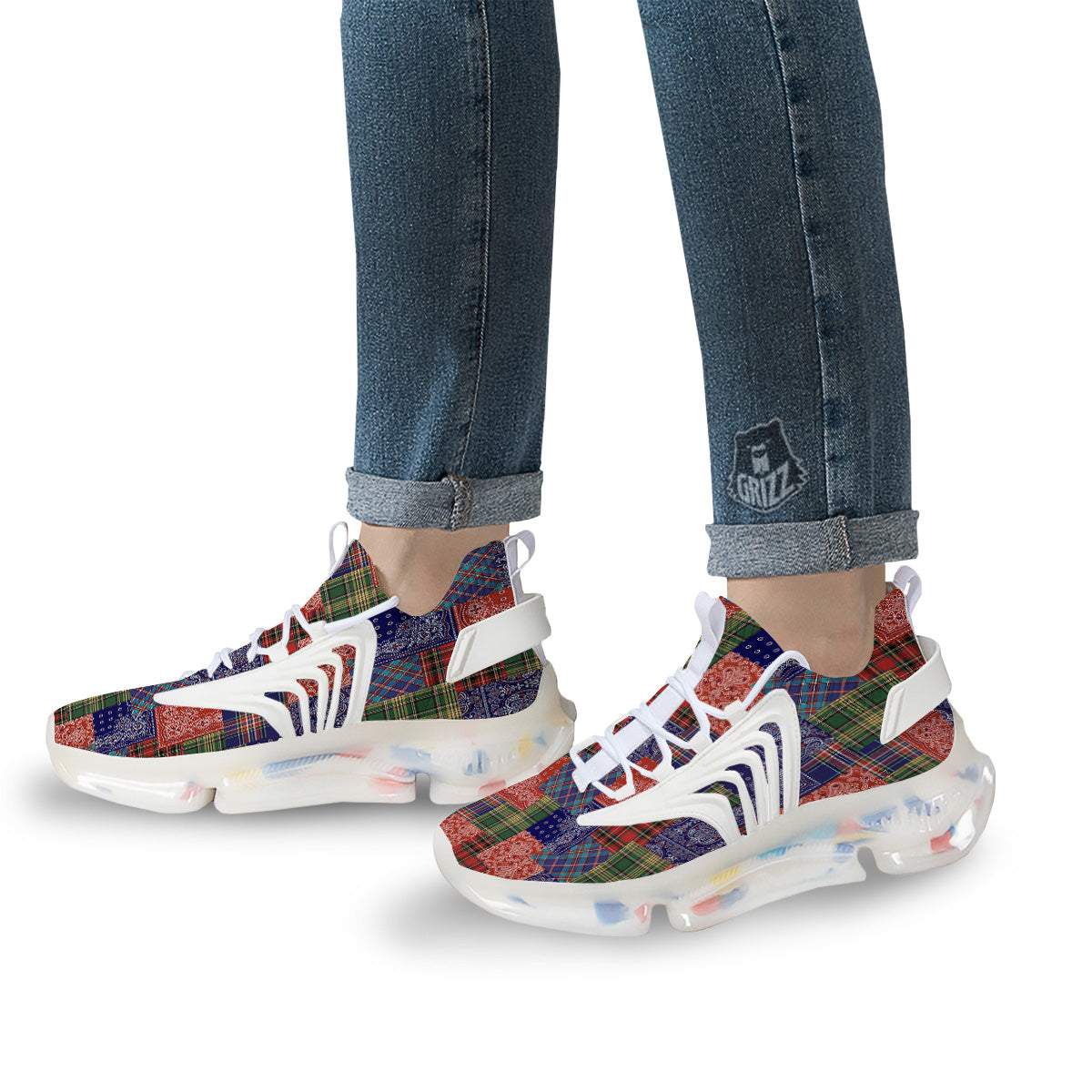 Patchwork Tartan And Bandana Print Pattern White Gym Shoes-grizzshop