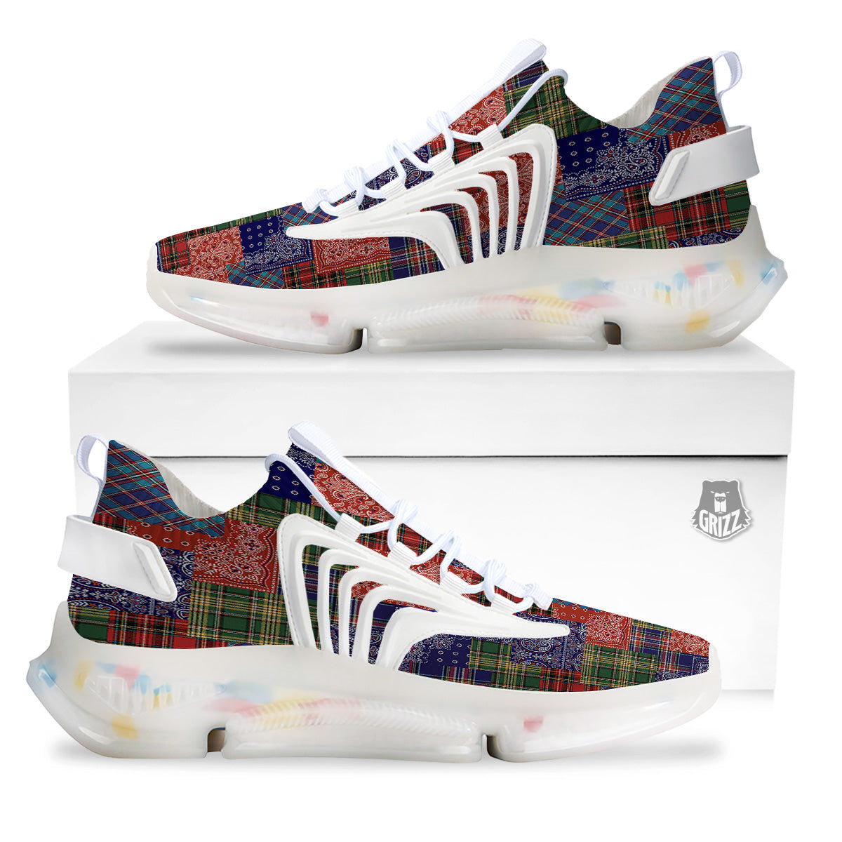 Patchwork Tartan And Bandana Print Pattern White Gym Shoes-grizzshop