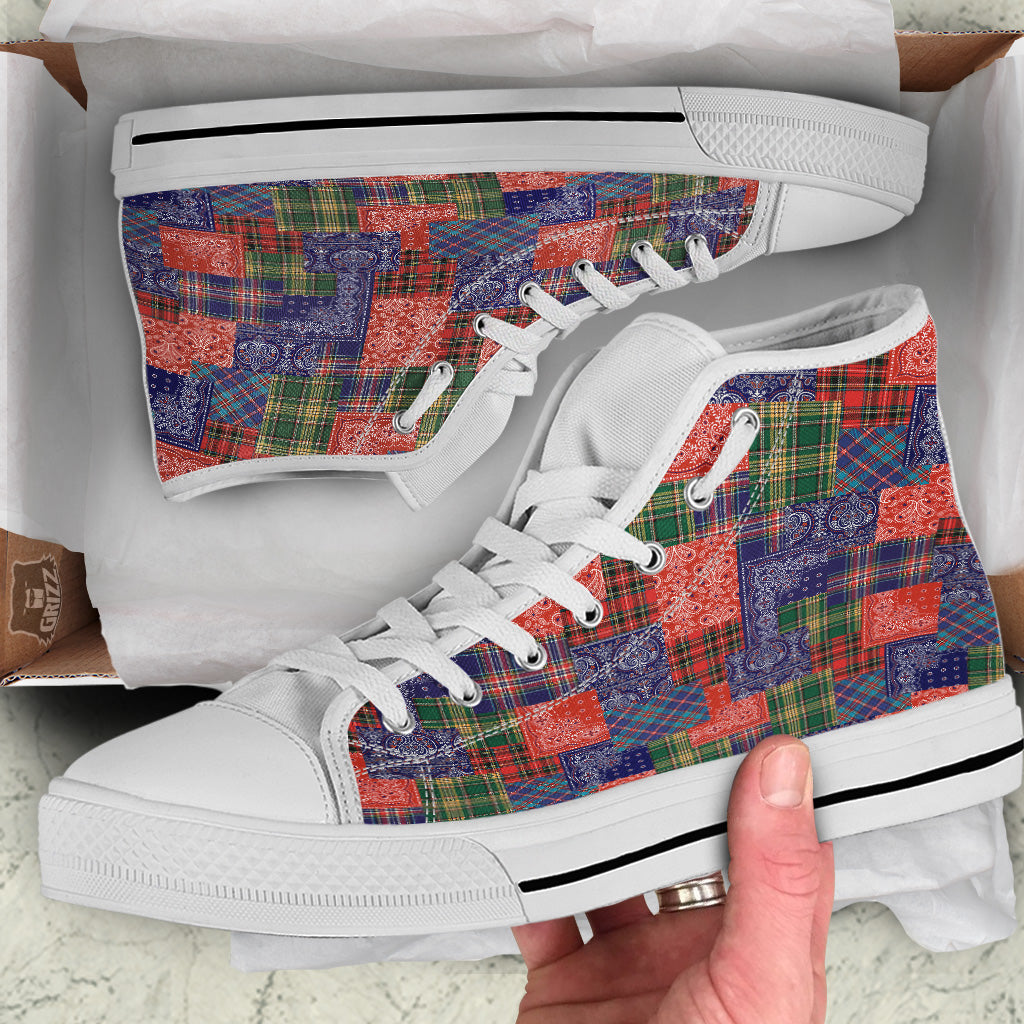 Patchwork Tartan And Bandana Print Pattern White High Top Shoes-grizzshop