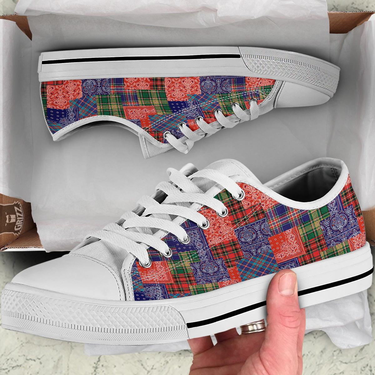 Patchwork Tartan And Bandana Print Pattern White Low Top Shoes-grizzshop