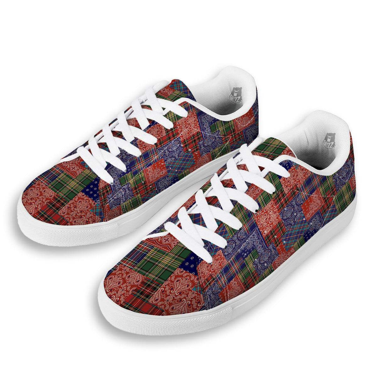 Patchwork Tartan And Bandana Print Pattern White Low Top Sneakers-grizzshop