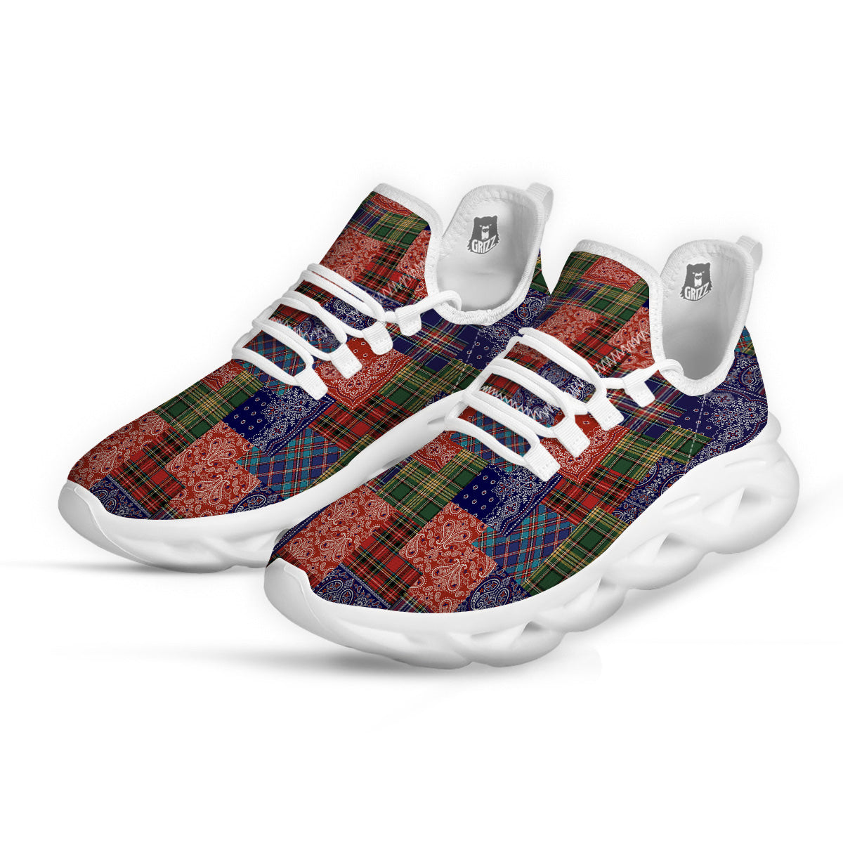 Patchwork Tartan And Bandana Print Pattern White Running Shoes-grizzshop