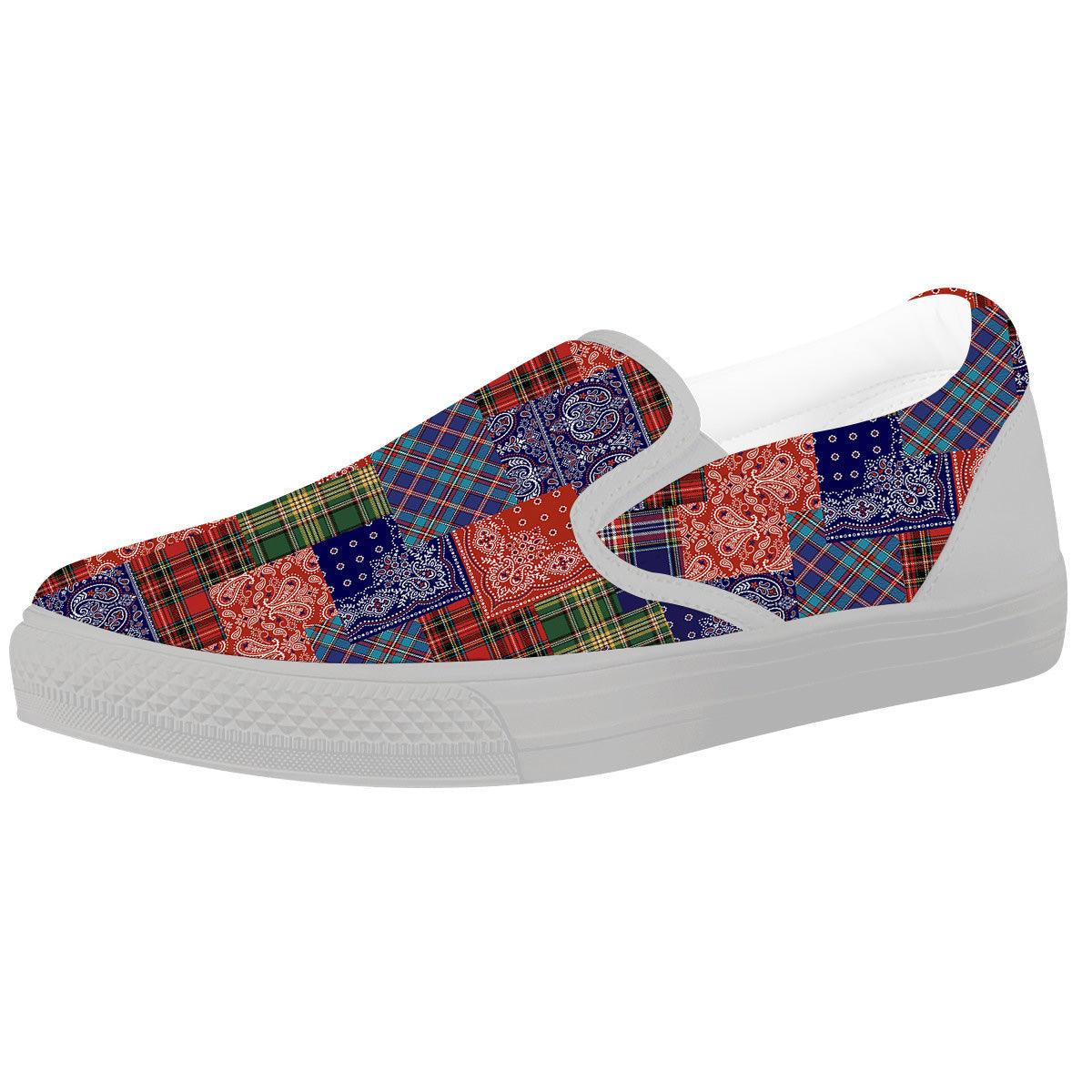 Patchwork Tartan And Bandana Print Pattern White Slip On Shoes-grizzshop