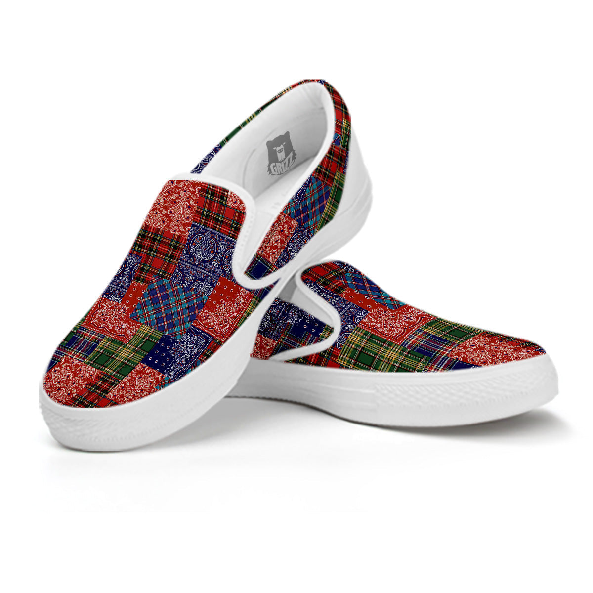 Patchwork Tartan And Bandana Print Pattern White Slip On Shoes-grizzshop