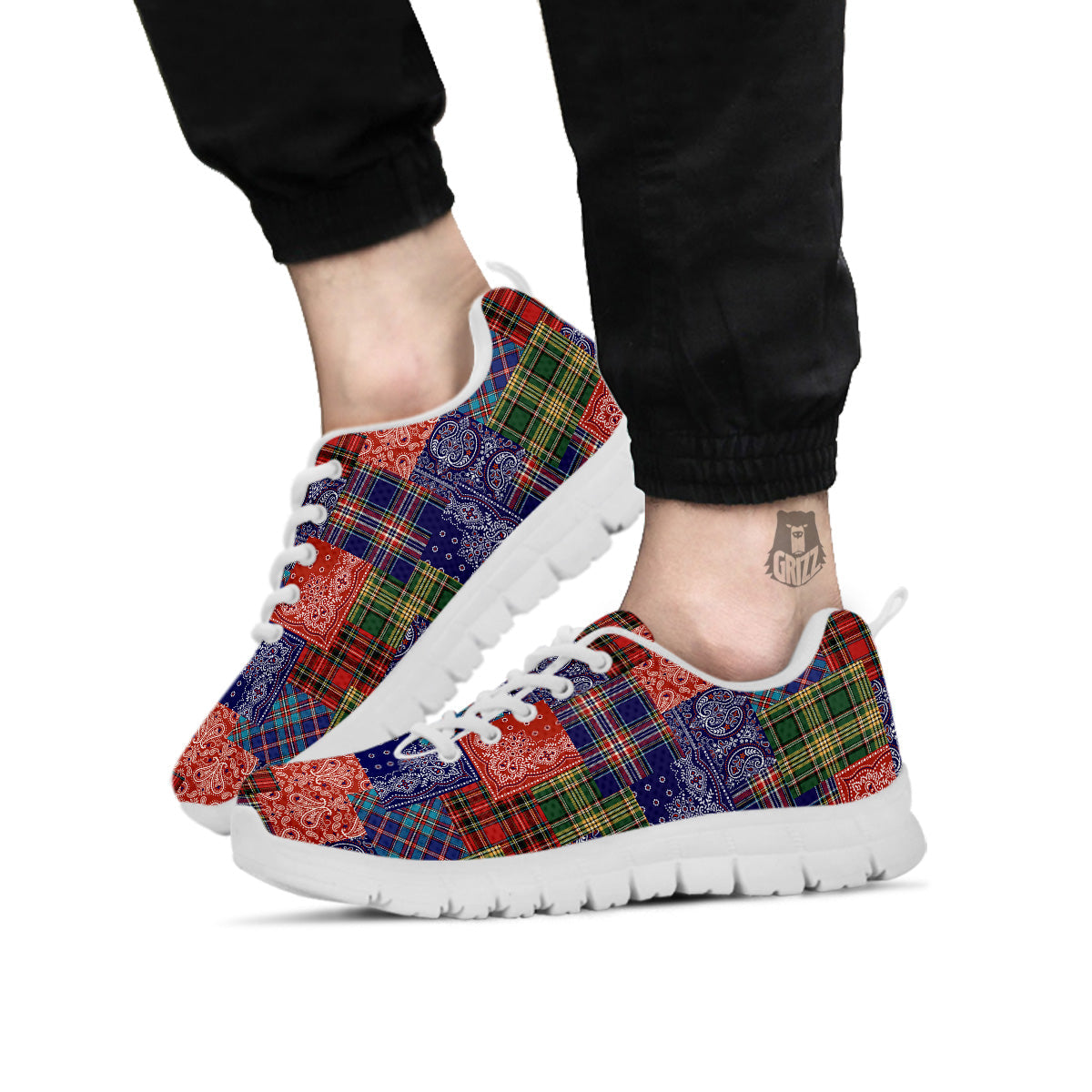 Patchwork Tartan And Bandana Print Pattern White Sneaker-grizzshop