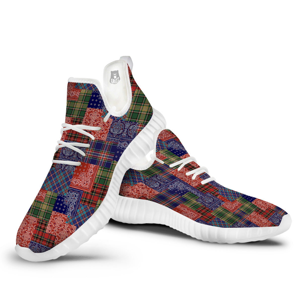 Patchwork Tartan And Bandana Print Pattern White Walking Shoes-grizzshop