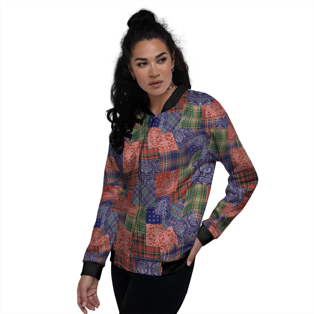 Patchwork Tartan And Bandana Print Pattern Women's Bomber Jacket-grizzshop