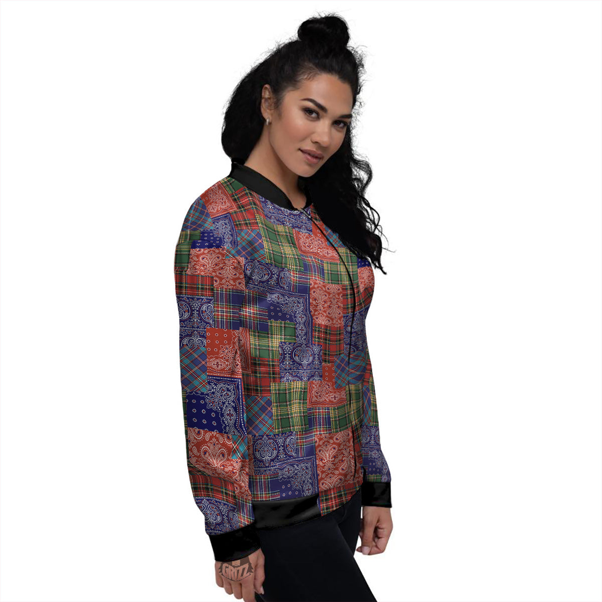 Patchwork Tartan And Bandana Print Pattern Women's Bomber Jacket-grizzshop