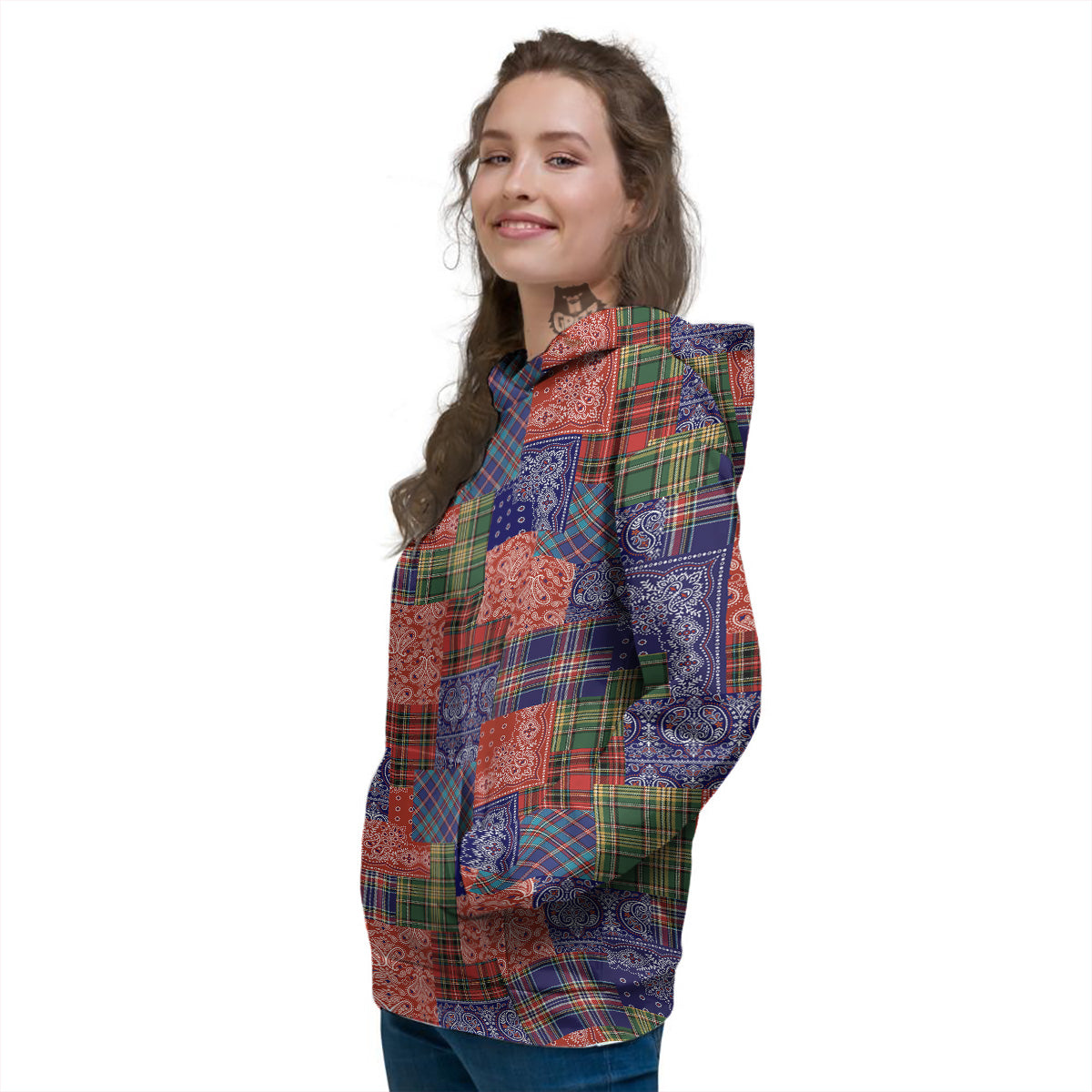 Patchwork Tartan And Bandana Print Pattern Women's Hoodie-grizzshop