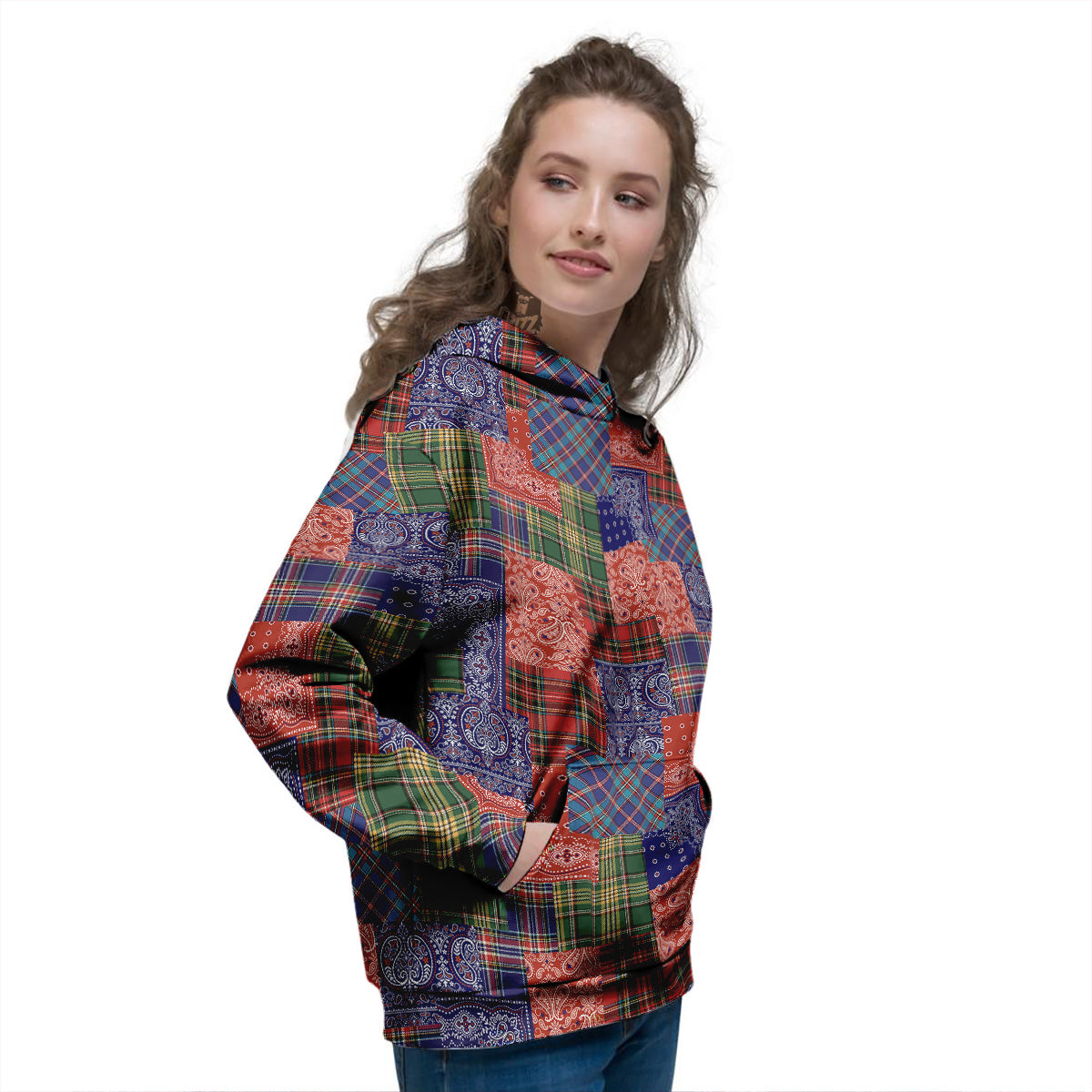 Patchwork Tartan And Bandana Print Pattern Women's Hoodie-grizzshop