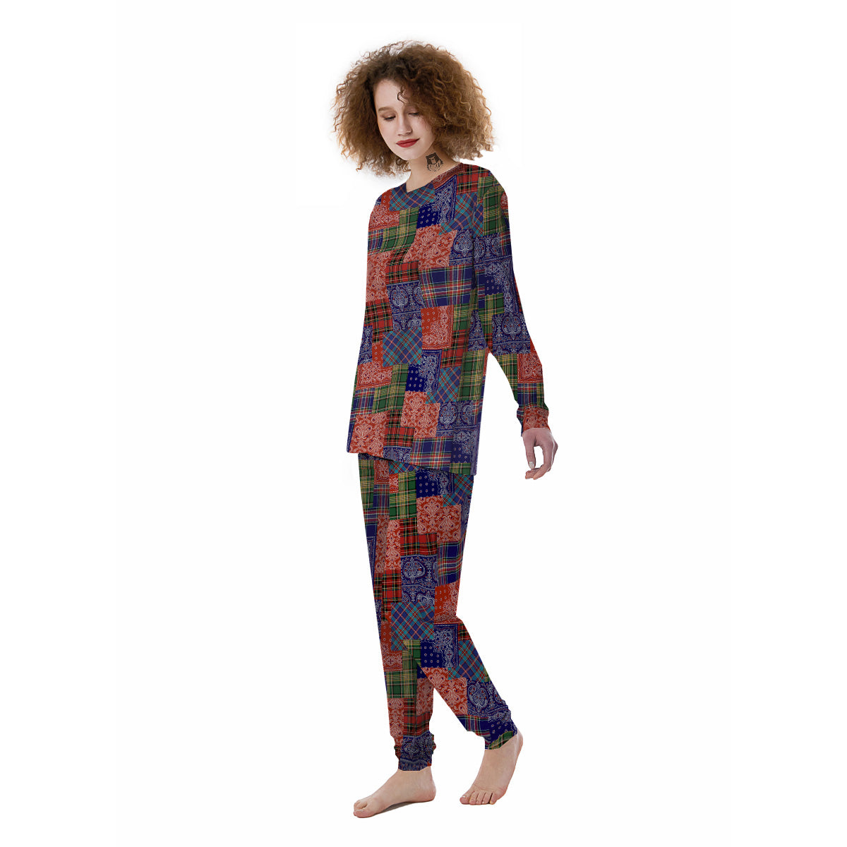 Patchwork Tartan And Bandana Print Pattern Women's Pajamas-grizzshop