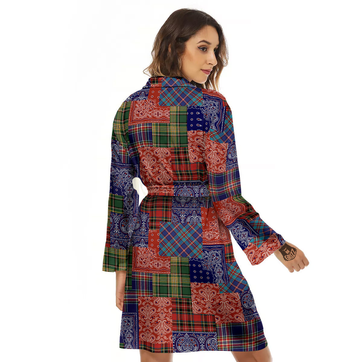 Patchwork Tartan And Bandana Print Pattern Women's Robe-grizzshop