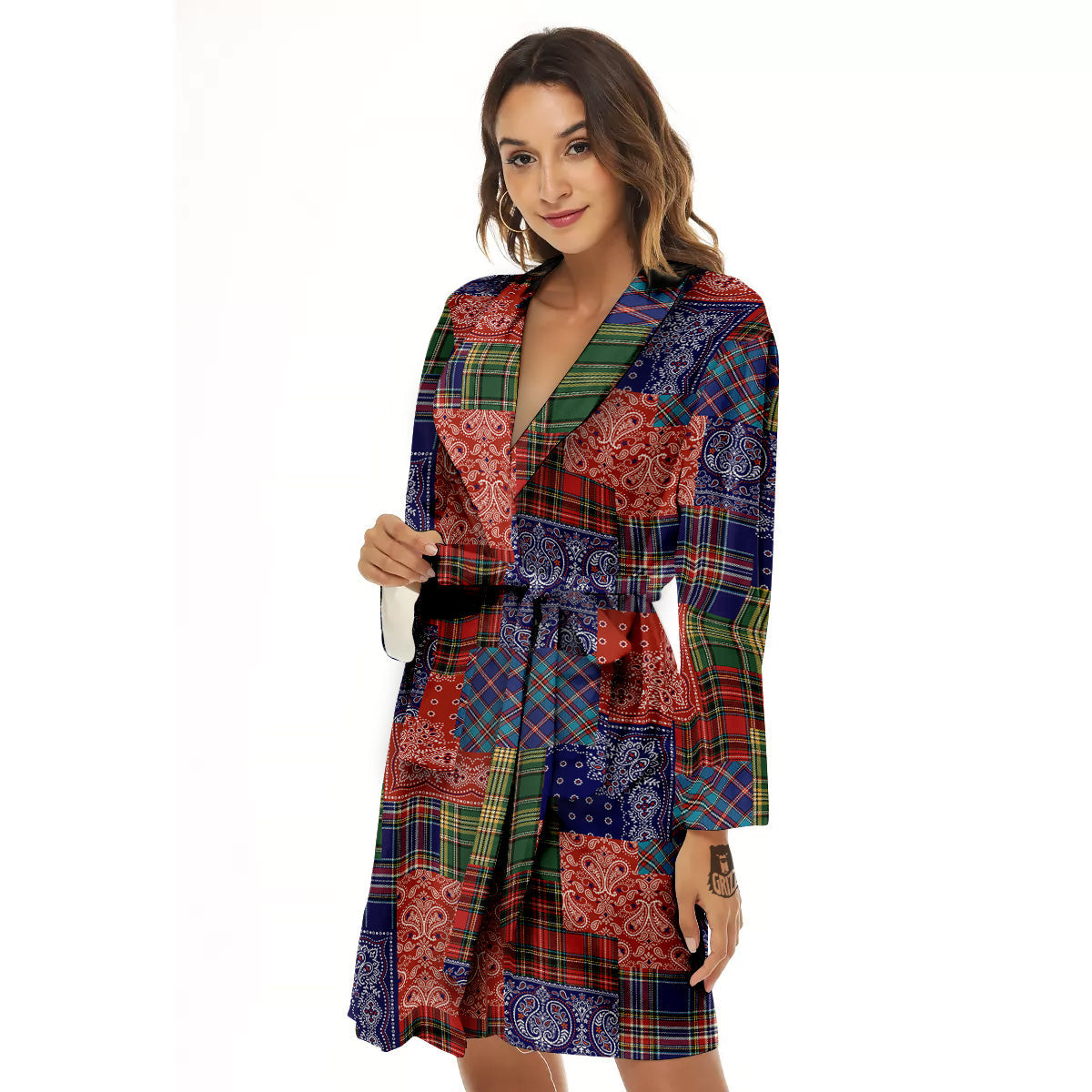 Patchwork Tartan And Bandana Print Pattern Women's Robe-grizzshop