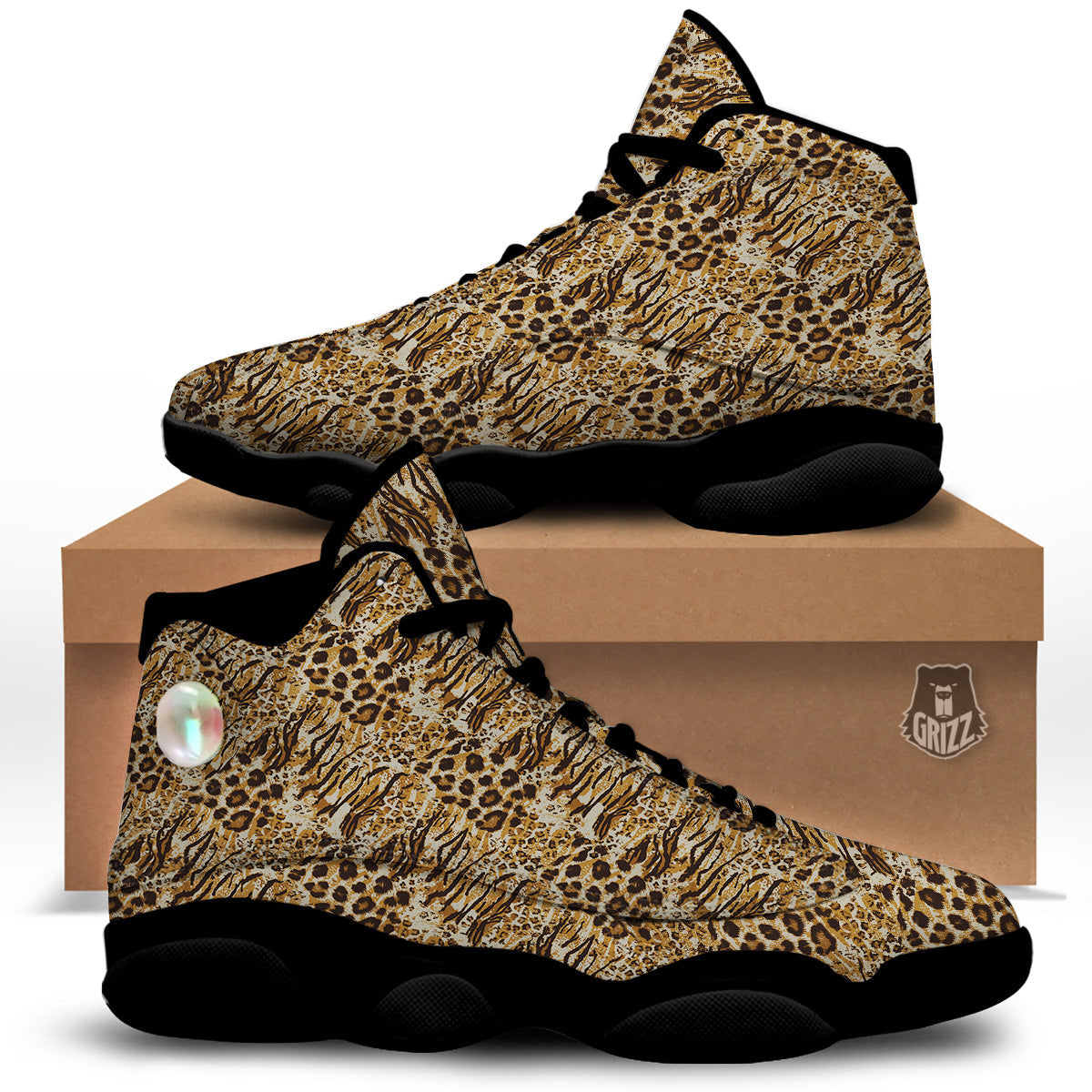 Patchwork Tiger Skin Print Pattern Black Basketball Shoes-grizzshop
