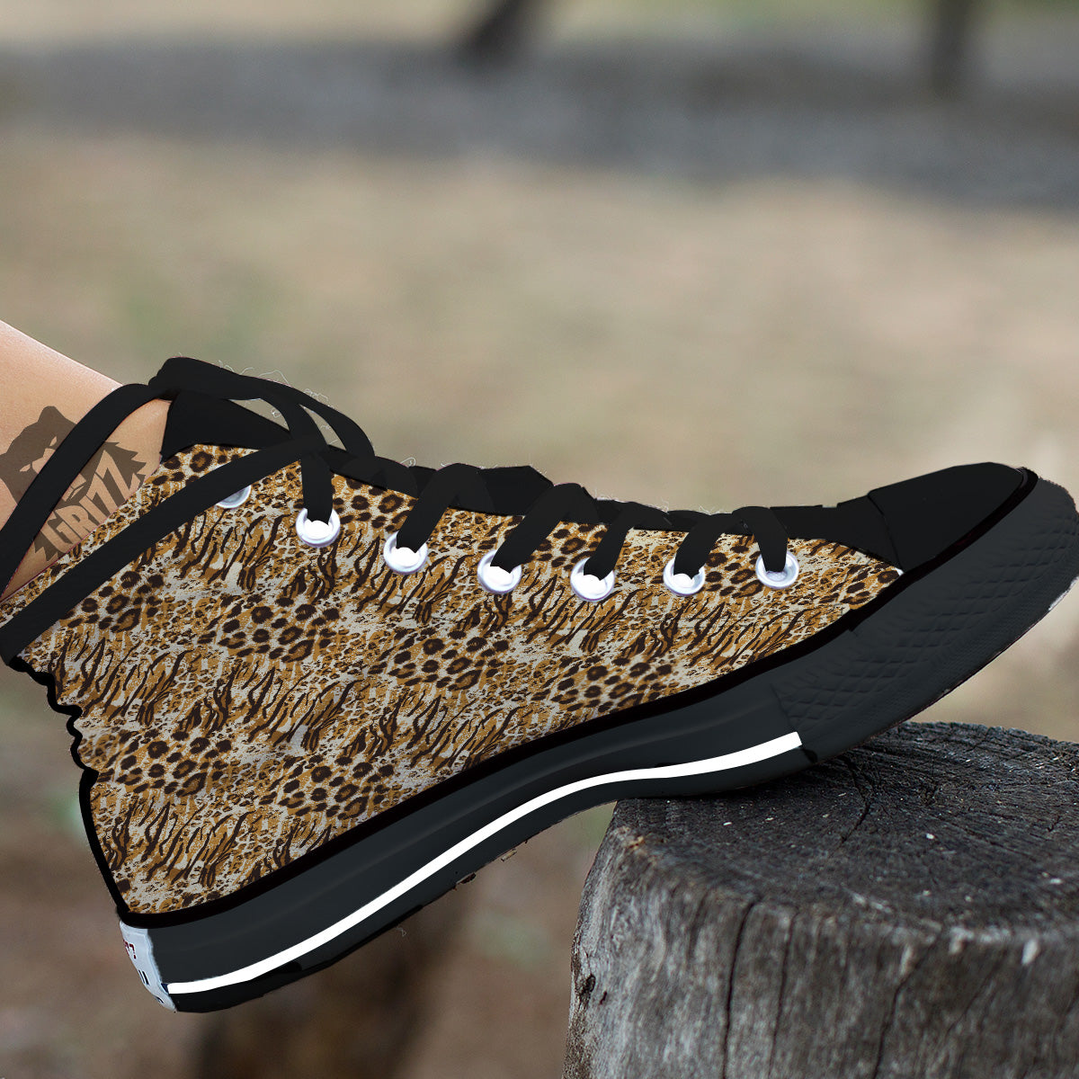 Patchwork Tiger Skin Print Pattern Black High Top Shoes-grizzshop