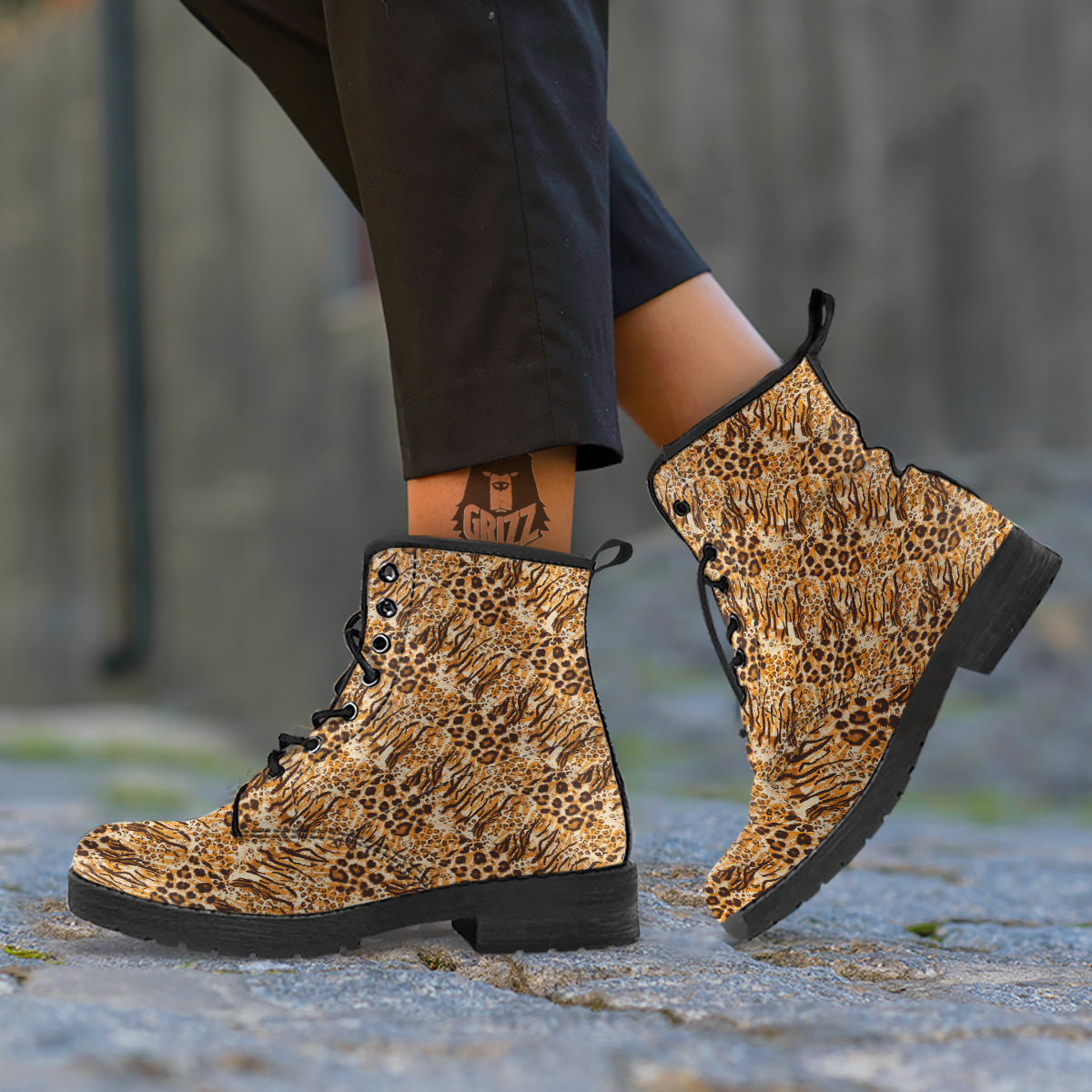 Patchwork Tiger Skin Print Pattern Leather Boots-grizzshop