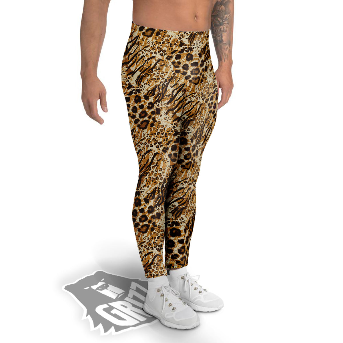 Patchwork Tiger Skin Print Pattern Men's Leggings-grizzshop