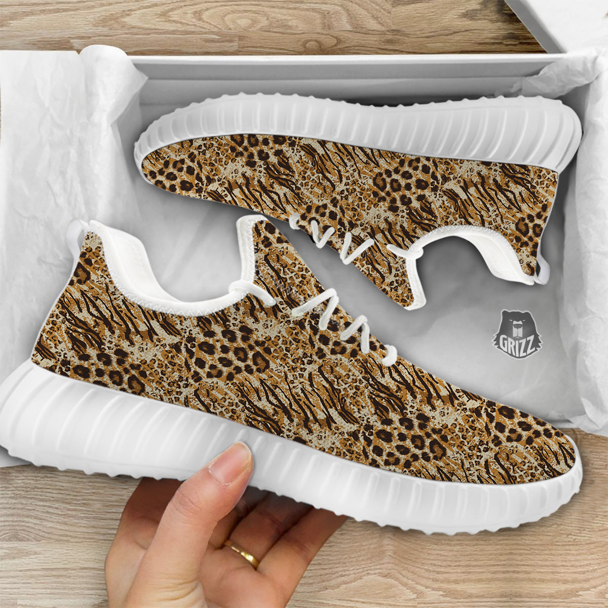Patchwork Tiger Skin Print Pattern White Walking Shoes-grizzshop