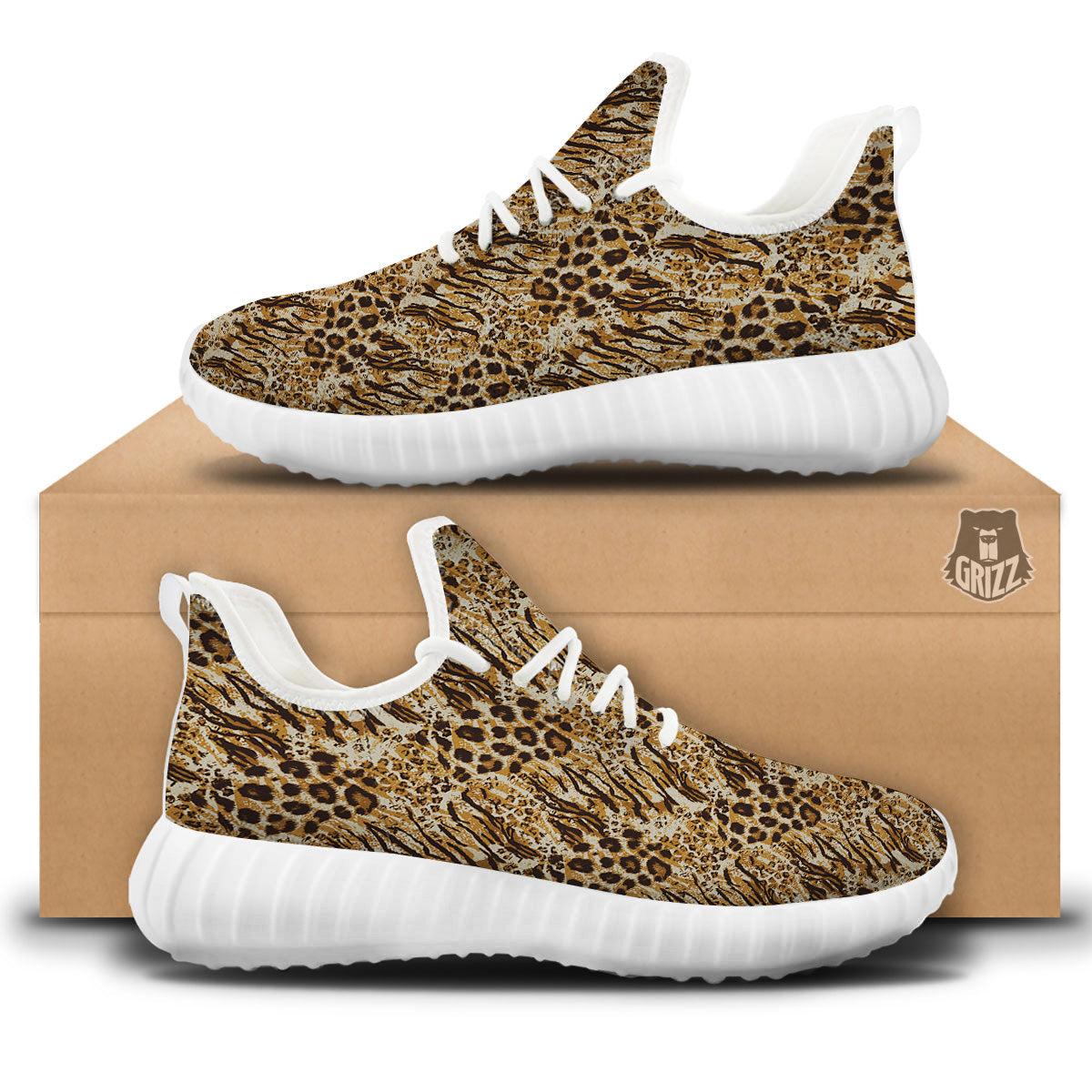 Patchwork Tiger Skin Print Pattern White Walking Shoes-grizzshop