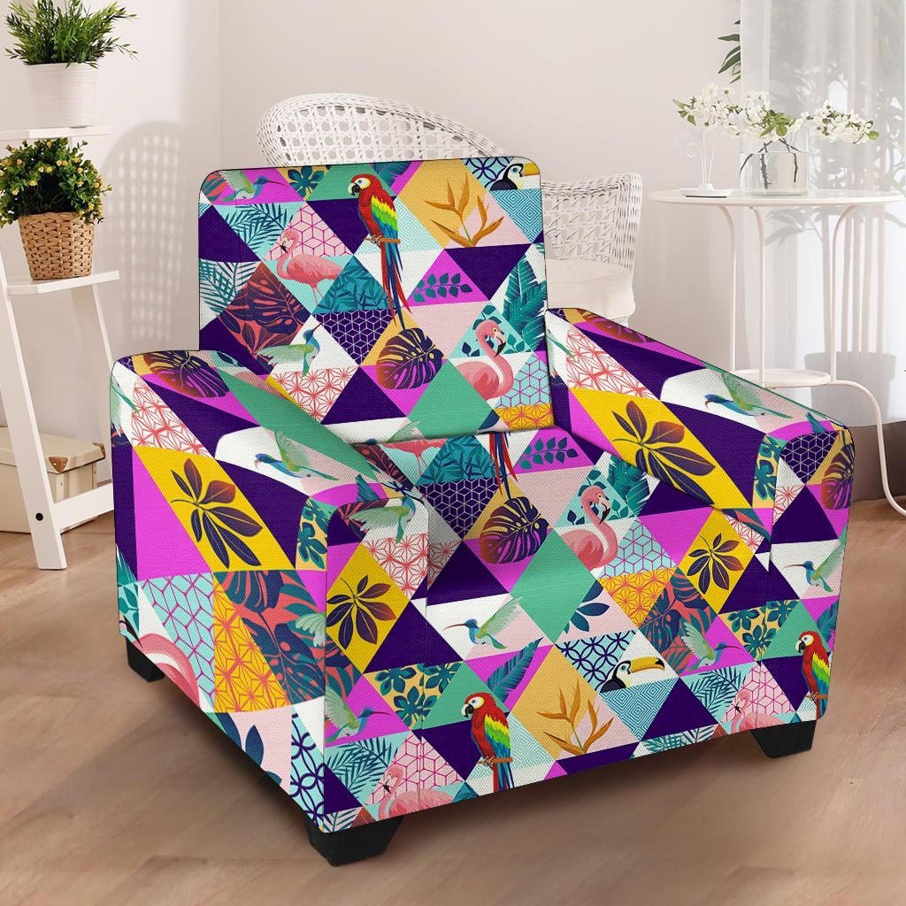 Patchwork Tropical Bird Print Armchair Cover-grizzshop